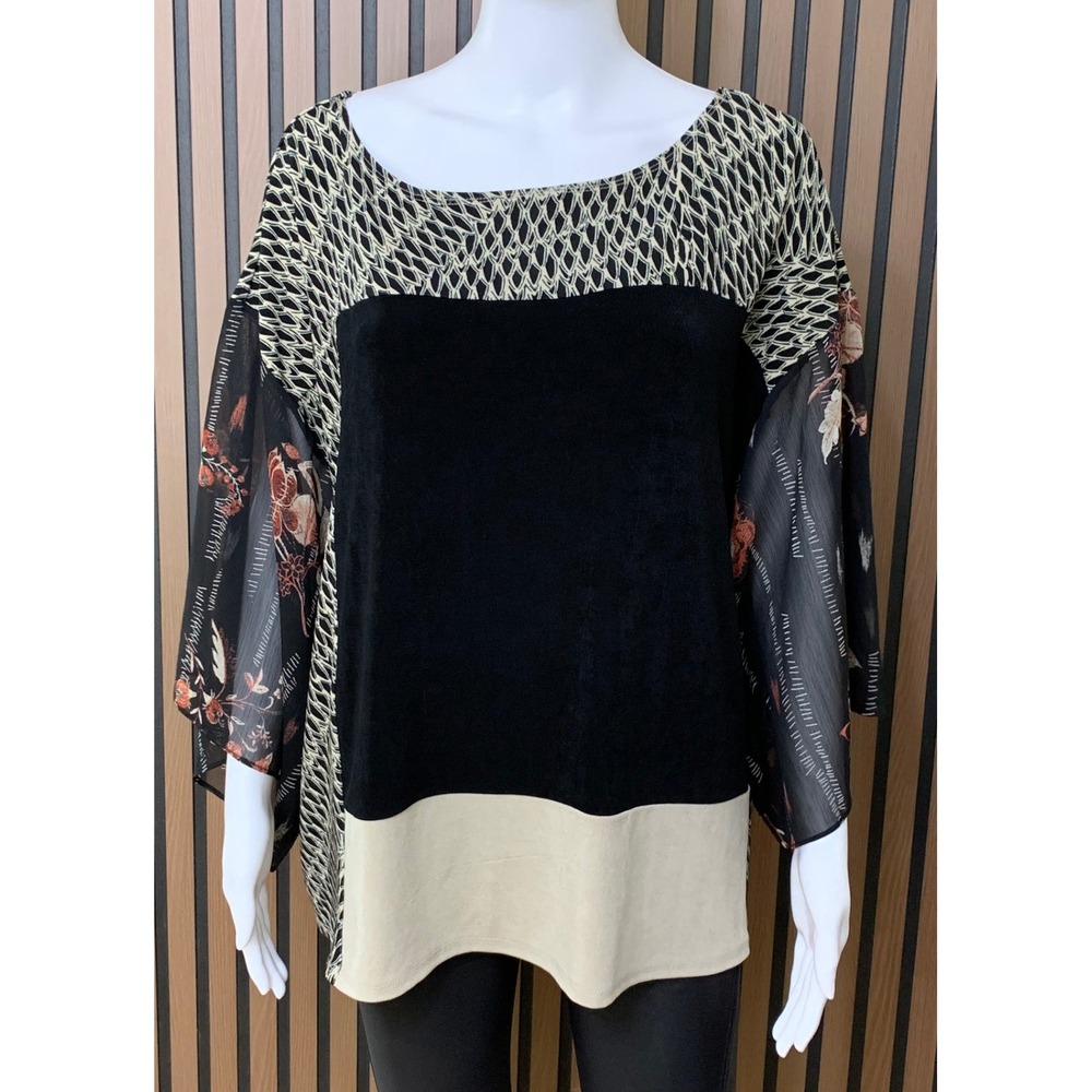 Chicos Travelers Black Velvet Lagenlook Floral Sheer Sleeve Tunic Top 2 L